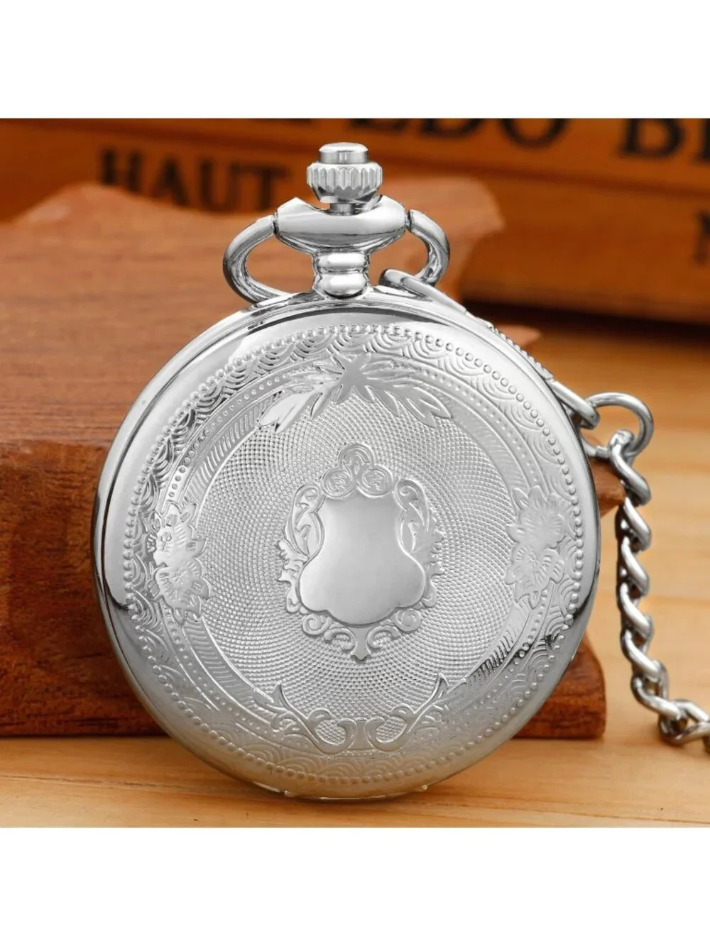 Men's Silver Analog Quartz Flower Arabic Numerals Movement Chain Pocket Watch